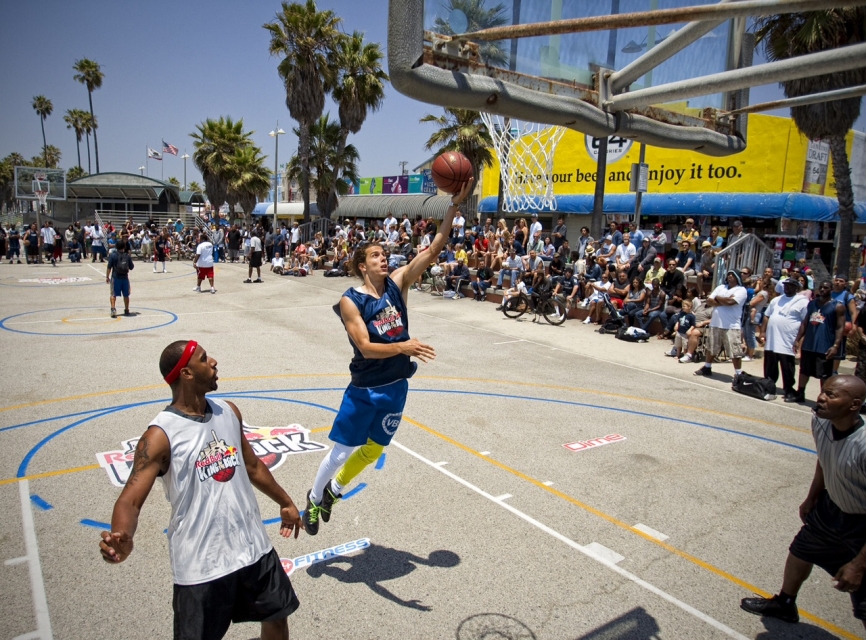 Basketball players in Venice Beach, CA, attempt to qualify for a