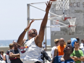 Basketball players in Venice Beach, CA, attempt to qualify for a spot in the Red Bull King of the Rock finals, to be held in September on Alcatraz Island in San Francisco, CA.