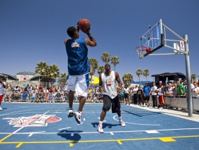 Basketball players in Venice Beach, CA, attempt to qualify for a