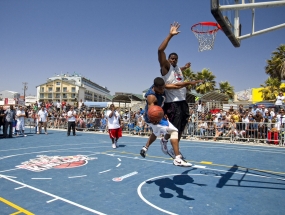 Basketball players in Venice Beach, CA, attempt to qualify for a