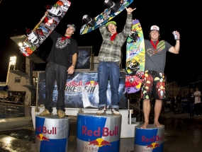 Kevin Henshaw (left), Nico Von Lerchenfeld (middle), and JD Webb (right) at the Red Bull Wake of Fame at the Fort Lauderdale Aquatic Complex.